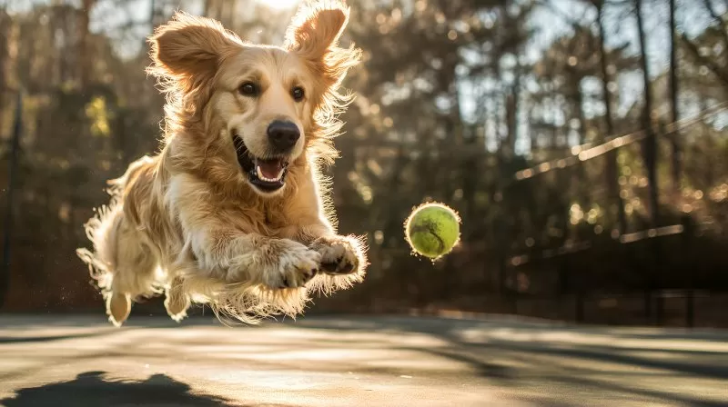 Golden Retriever fliegt über Tennisplatz zum Ball
