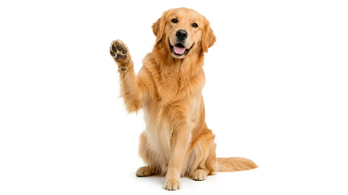 Golden Retriever hebt Pfote und lächelt freudig