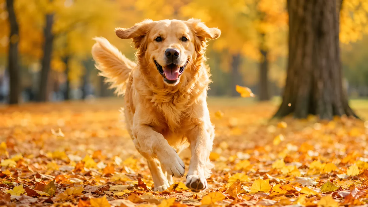 Golden Retriever läuft durch buntes Herbstlaub im Park