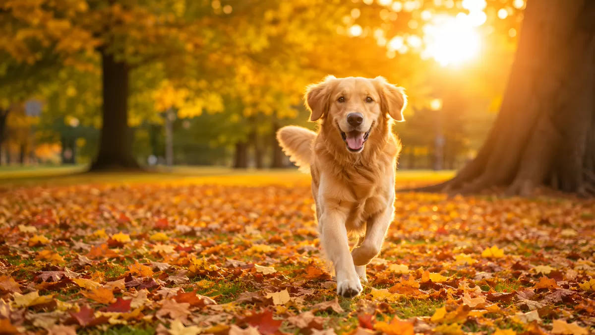 Golden Retriever läuft durch herbstlichen Park im Sonnenlicht