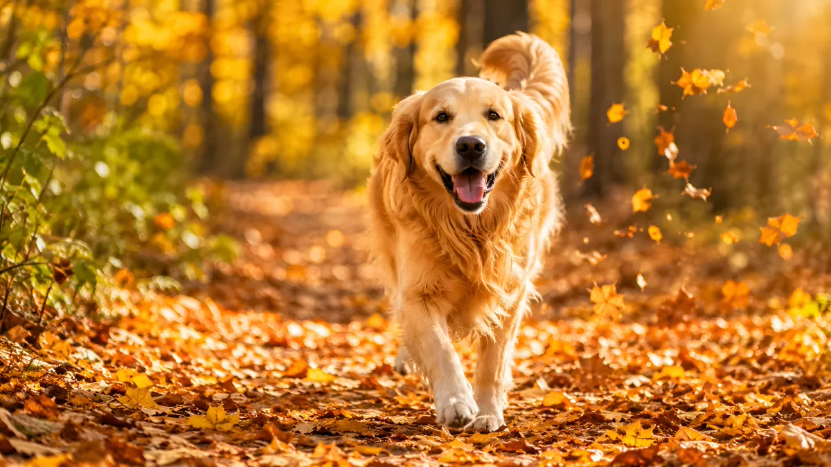 Golden Retriever läuft durch herbstlichen Waldweg