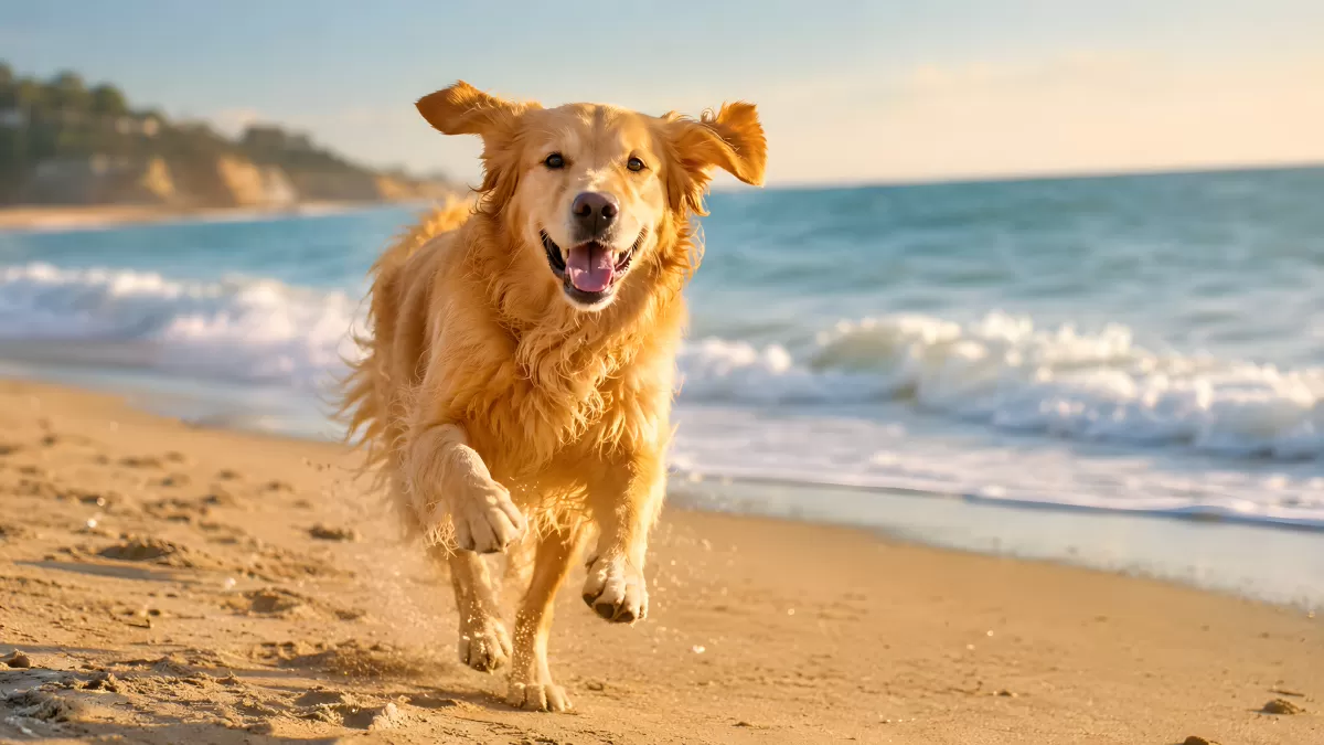 Golden Retriever läuft fröhlich am Sandstrand entlang