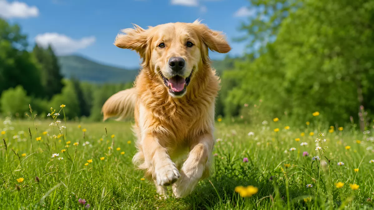 Golden Retriever läuft fröhlich über Blumenwiese