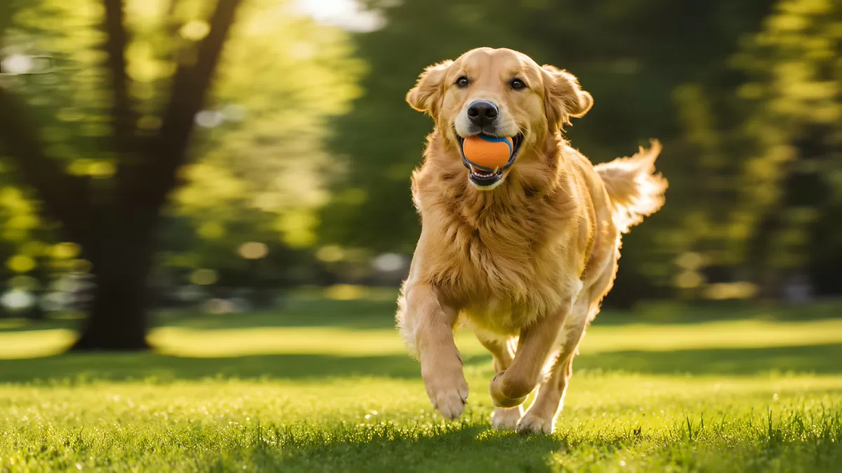 Golden Retriever läuft mit Ball über grüne Wiese