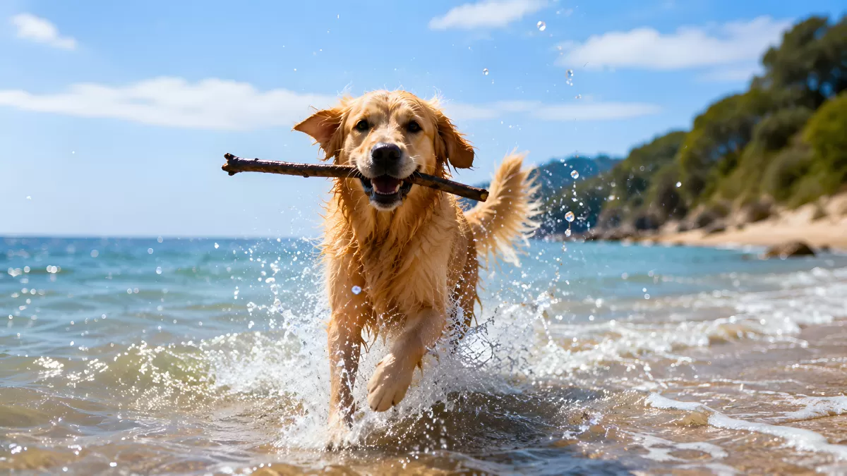 Golden Retriever läuft mit Stock durch Meereswellen