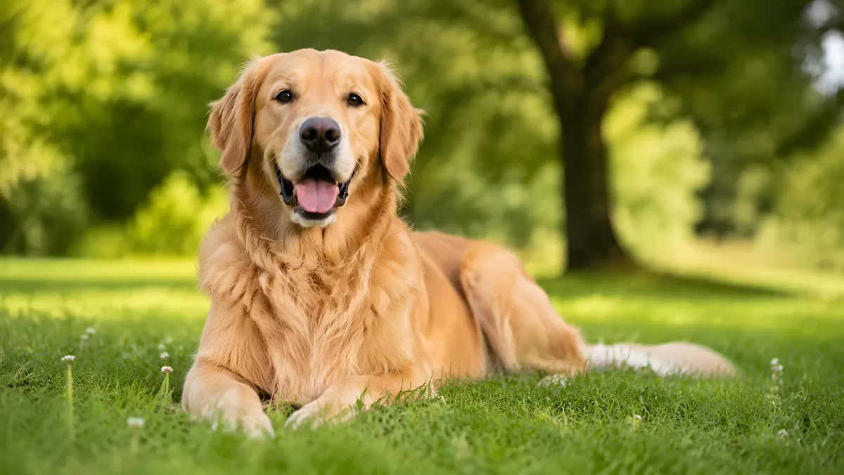 Golden Retriever liegt entspannt auf grüner Wiese