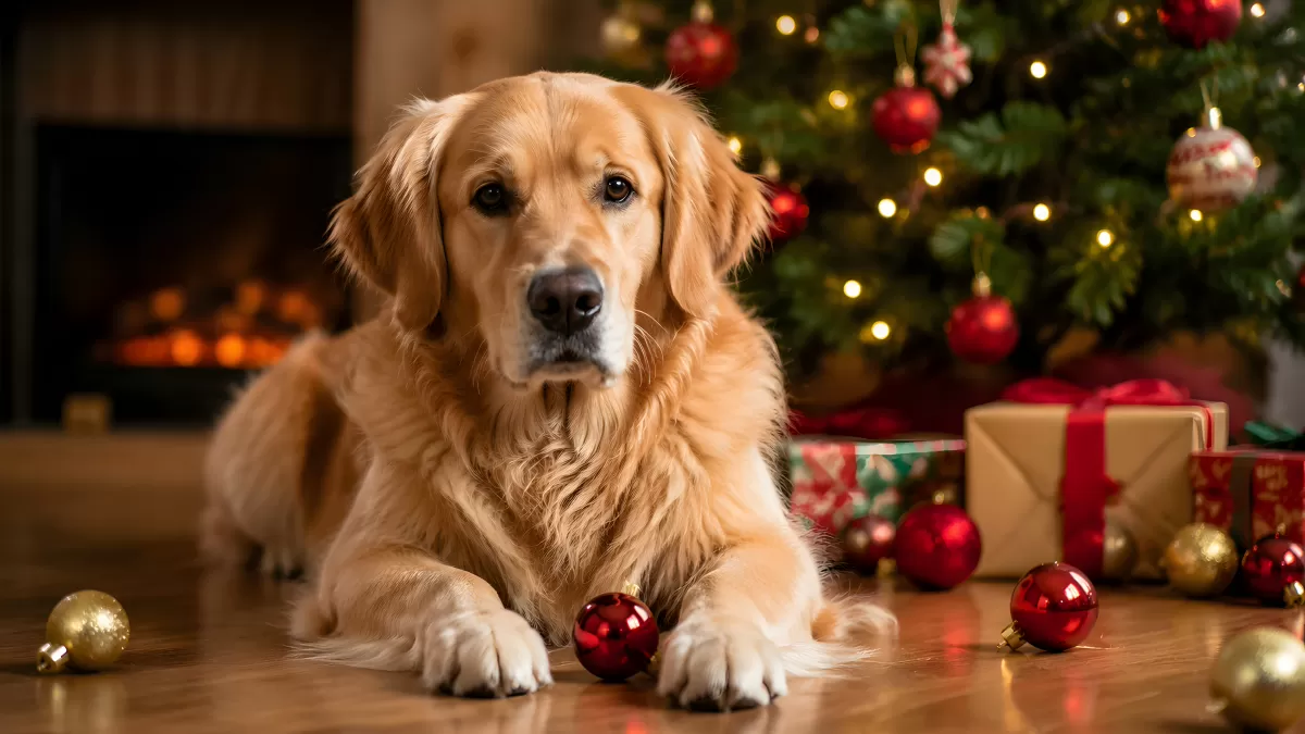 Golden Retriever liegt vor geschmücktem Weihnachtsbaum