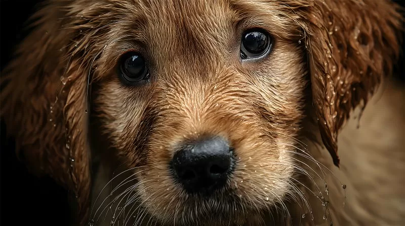 Golden retriever puppy close-up with fluffy fur