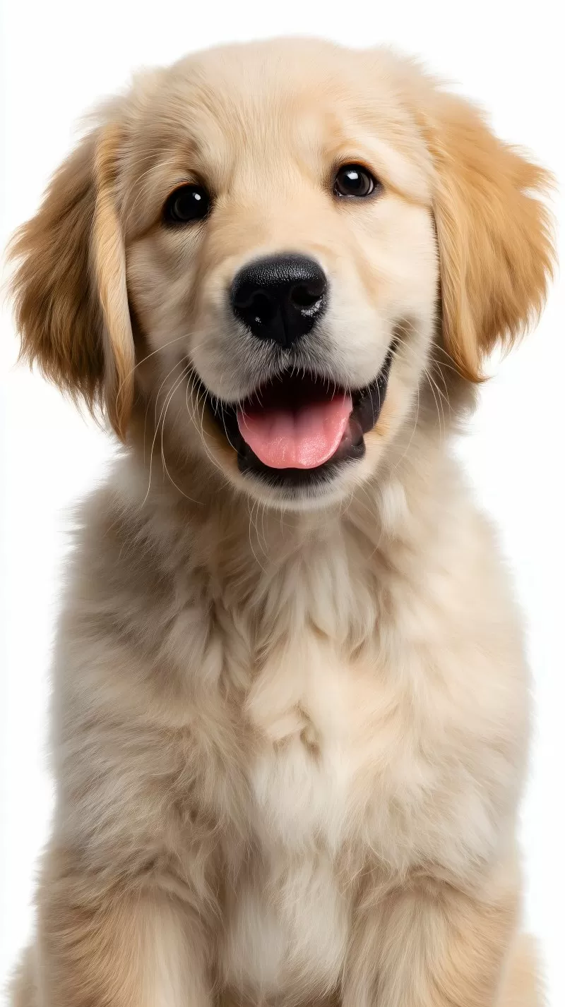 Golden retriever puppy smiling portrait white background