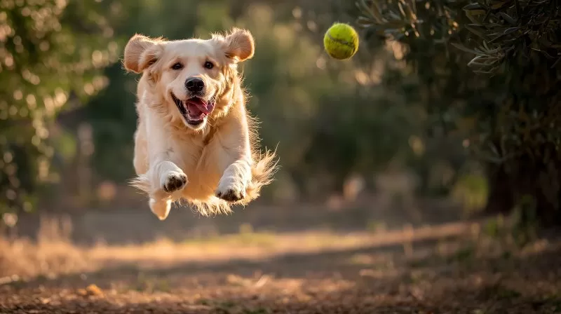 Golden Retriever rennt lachend auf fliegenden Tennisball zu