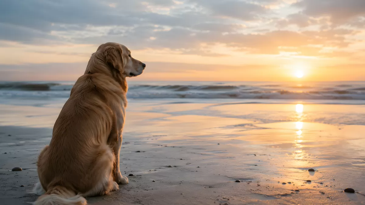 Golden Retriever sitzt am Strand beim Sonnenuntergang
