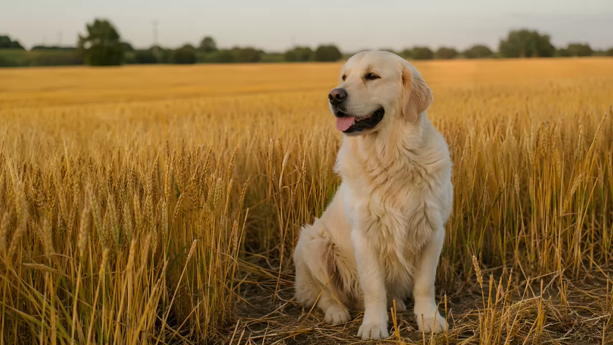 Golden Retriever sitzt im reifen Weizenfeld