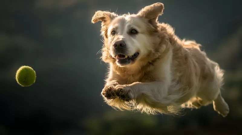 Golden Retriever springt nach Tennisball in der Luft