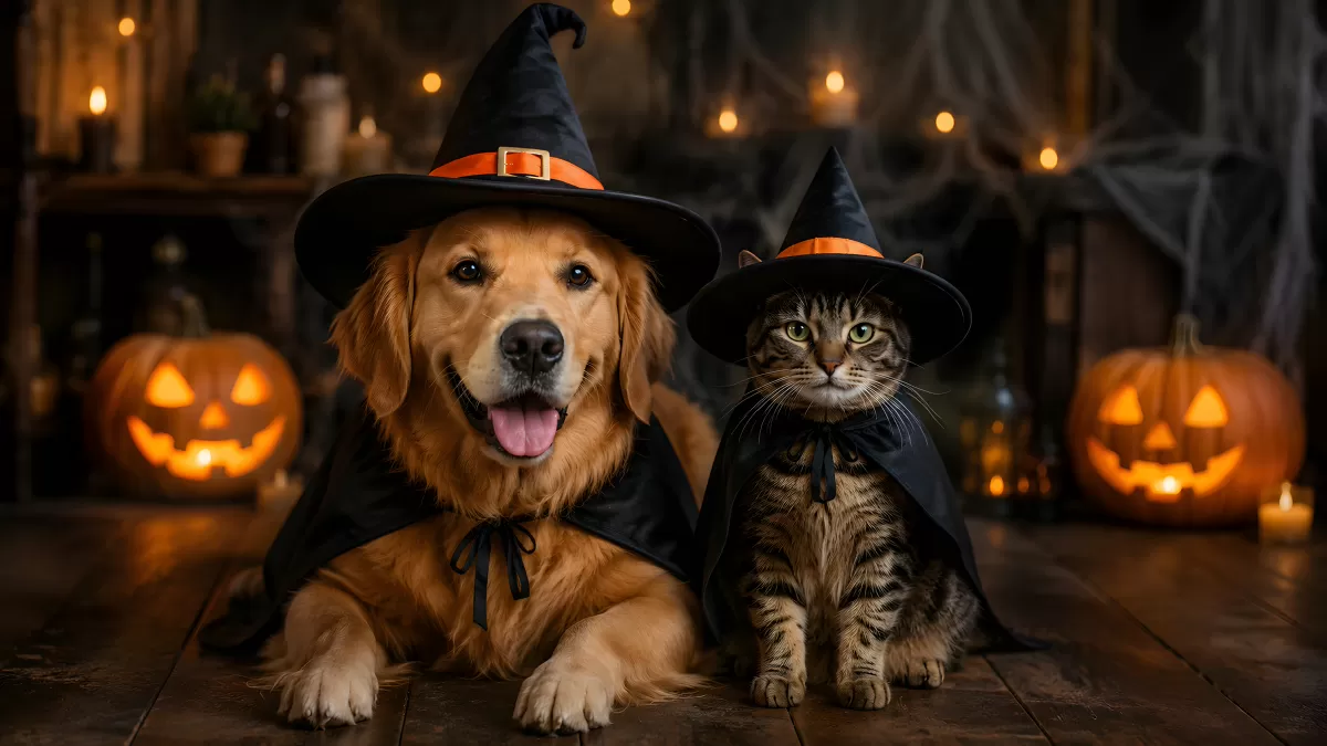 Golden Retriever und Katze in Hexenkostümen zu Halloween