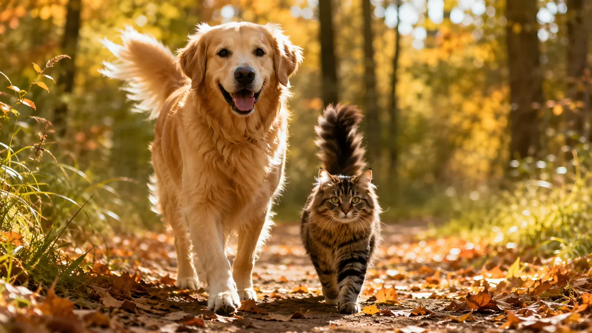 Golden Retriever und Katze spazieren im Herbstwald