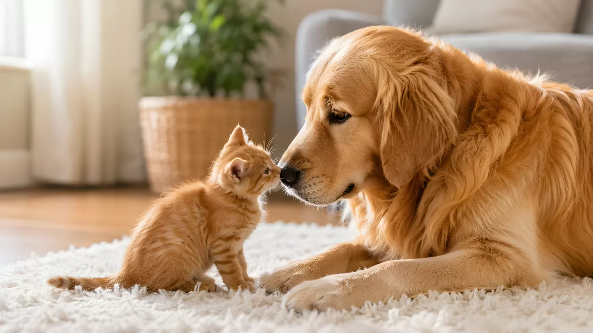 Golden Retriever und kleines Kätzchen beschnuppern sich