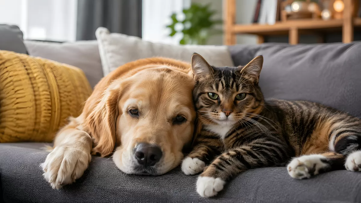 Golden Retriever und Tabby-Katze kuscheln auf Sofa