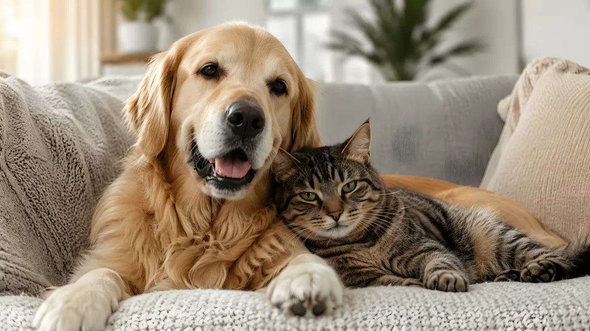 Golden Retriever und Tabby-Katze zusammen auf Sofa