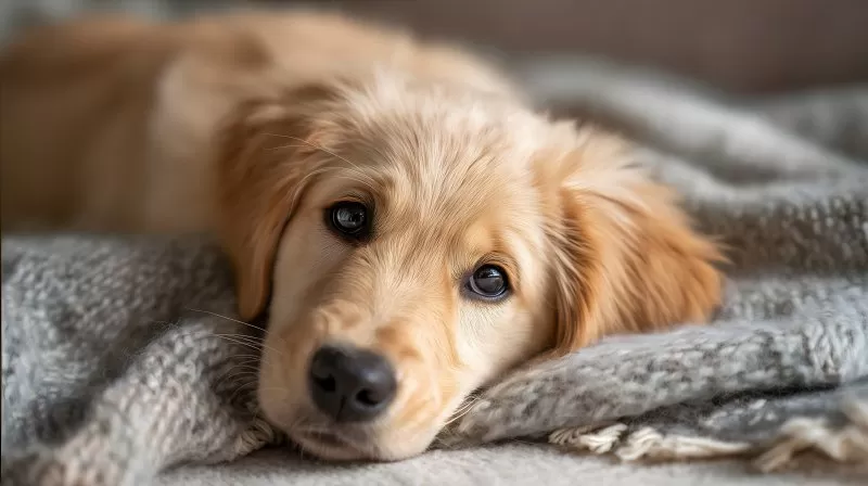 Golden Retriever Welpe liegt entspannt auf Decke