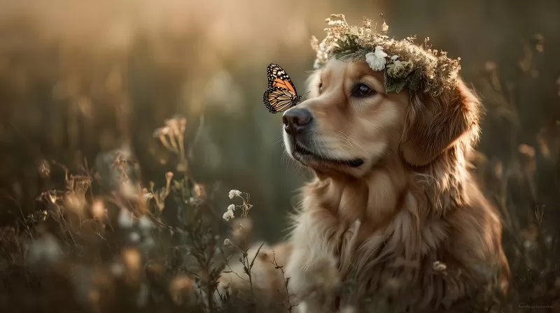 Golden Retriever Welpe mit Blumenkranz auf Wiese