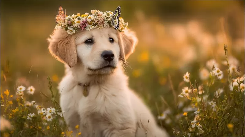 Golden Retriever Welpe mit Blumenkranz im Garten