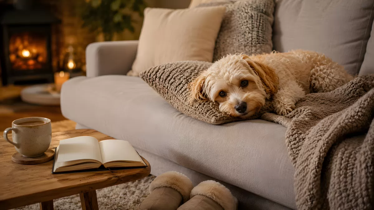 Goldendoodle liegt gemütlich auf hellem Sofa am Kamin