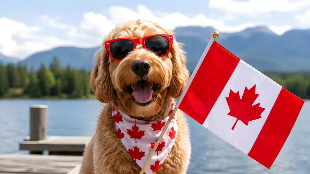 Goldendoodle mit Sonnenbrille feiert Canada Day am See