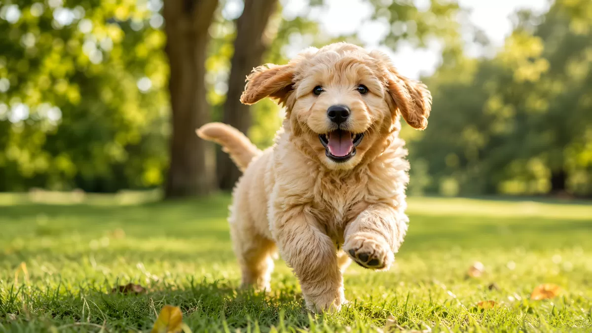 Goldendoodle-Welpe läuft fröhlich über grüne Wiese