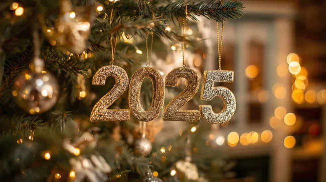 Goldene 2025-Zahlen am funkelnden Weihnachtsbaum