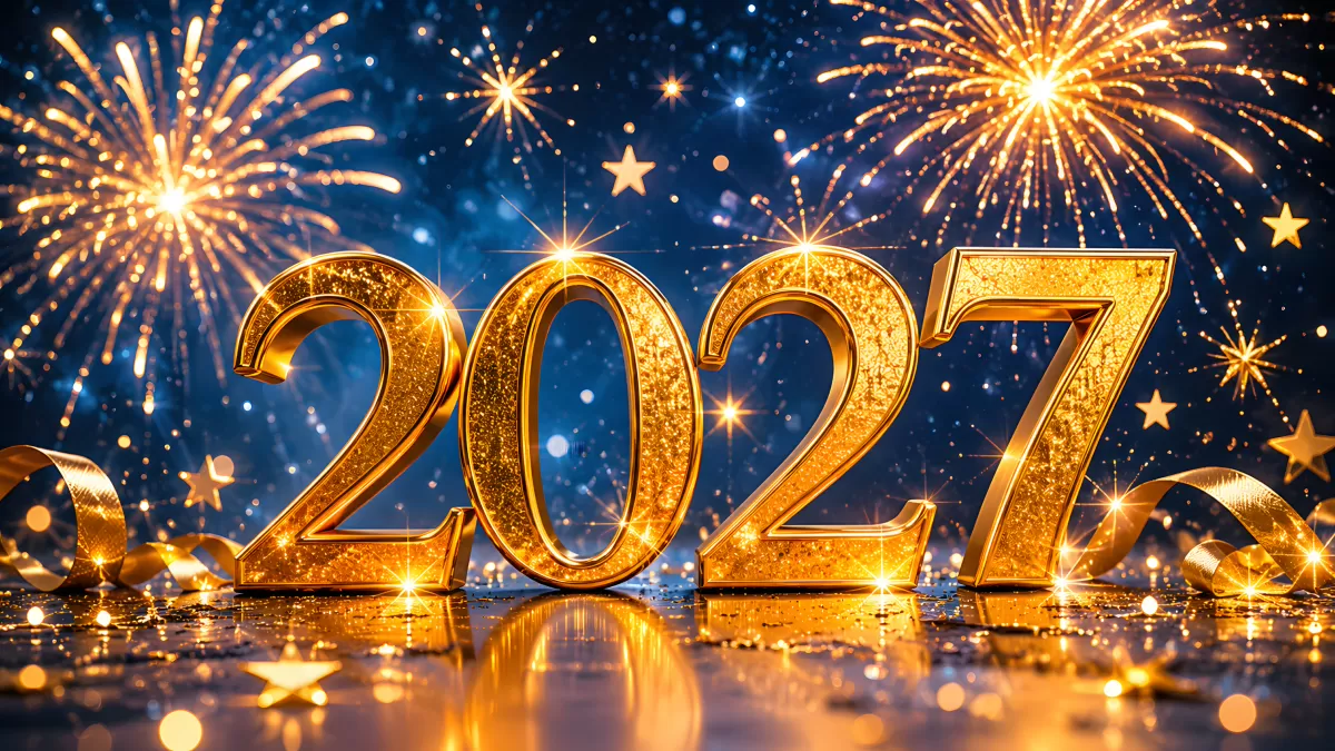 Goldene 2027 Jahreszahl mit Feuerwerk und Sternen