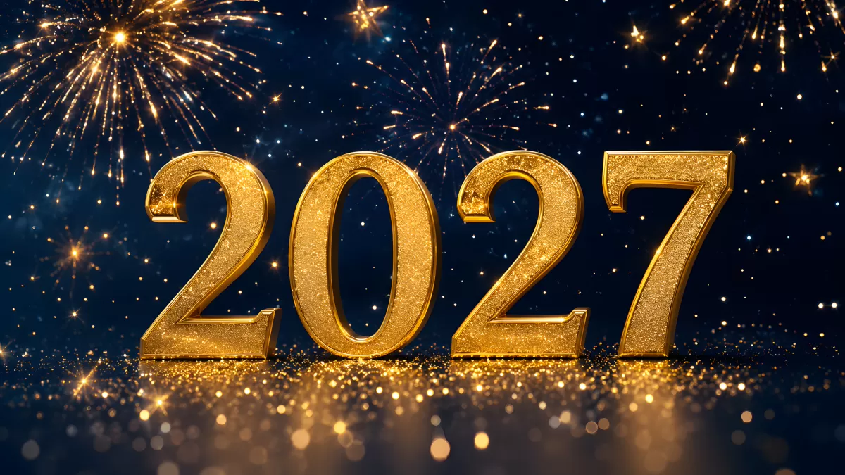 Goldene 2027 mit Feuerwerk auf dunklem Hintergrund