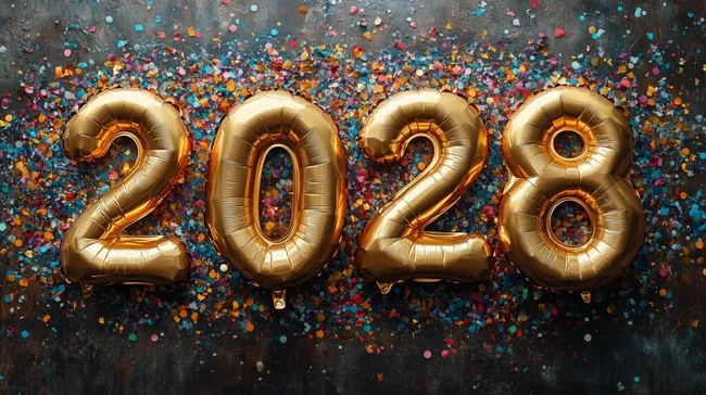 Goldene 2028-Zahlenballons auf buntem Konfetti