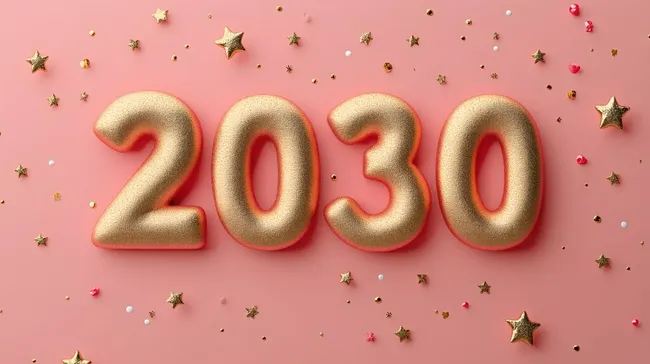 Goldene 2030-Jahreszahl auf rosafarbenem Hintergrund mit Sternen