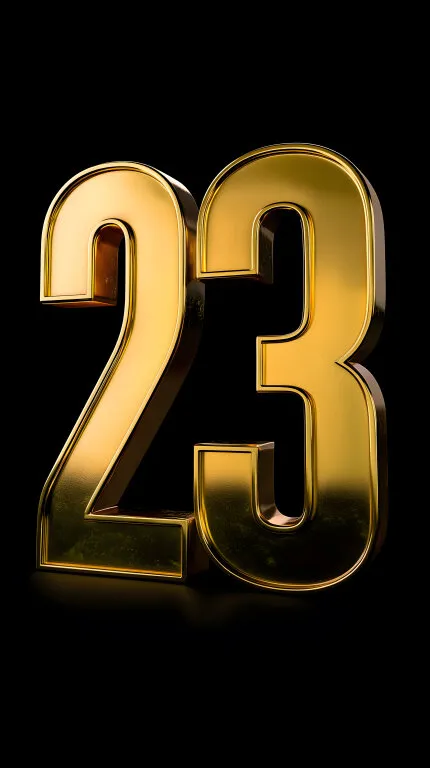 Goldene 3D-Zahl 23 auf schwarzem Hintergrund