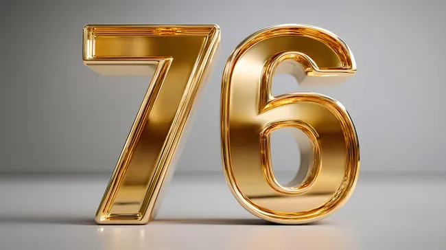 Goldene 3D-Zahl 76 auf grauem Hintergrund