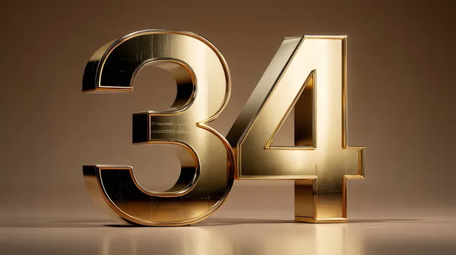 Goldene 3D-Zahlen 34 auf braunem Hintergrund