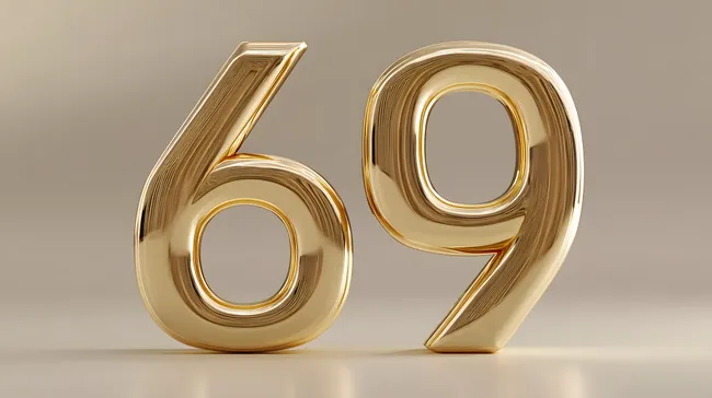 Goldene 3D-Zahlen 69 auf hellbraunem Hintergrund