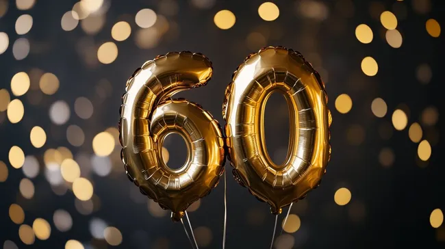 Goldene 60-Jubiläumsballons vor Bokeh-Hintergrund