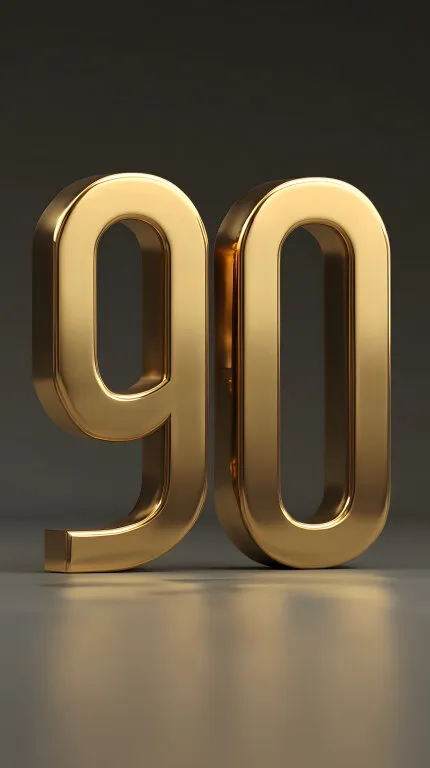 Goldene 90 in 3D-Optik auf dunklem Hintergrund