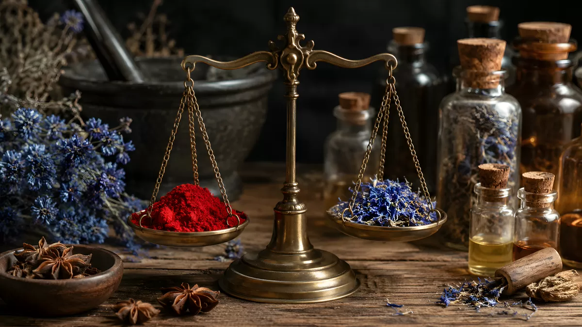 Goldene Apothekerwaage mit Kräutern und rotem Pulver