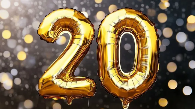Goldene Ballonzahl 20 auf funkelndem Hintergrund