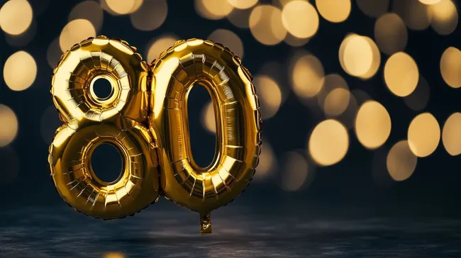 Goldene Ballonzahl '80' vor funkelndem Hintergrund