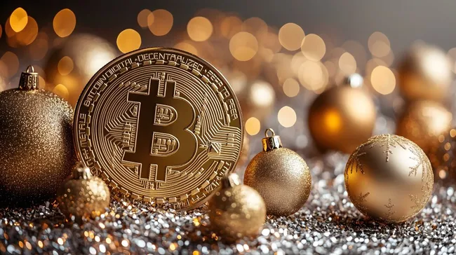 Goldene Bitcoin-Münze als festliche Krypto-Dekoration