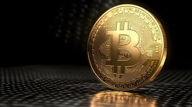 Goldene Bitcoin-Münze auf dunkler, strukturierter Oberfläche
