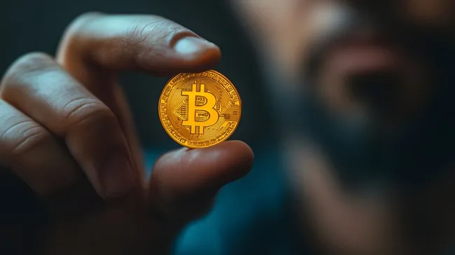Goldene Bitcoin-Münze in Hand gehalten
