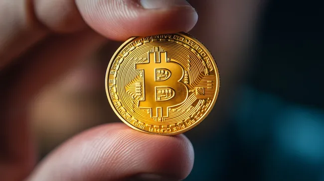 Goldene Bitcoin-Münze in Nahaufnahme