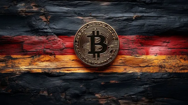 Goldene Bitcoin-Münze vor deutscher Flagge