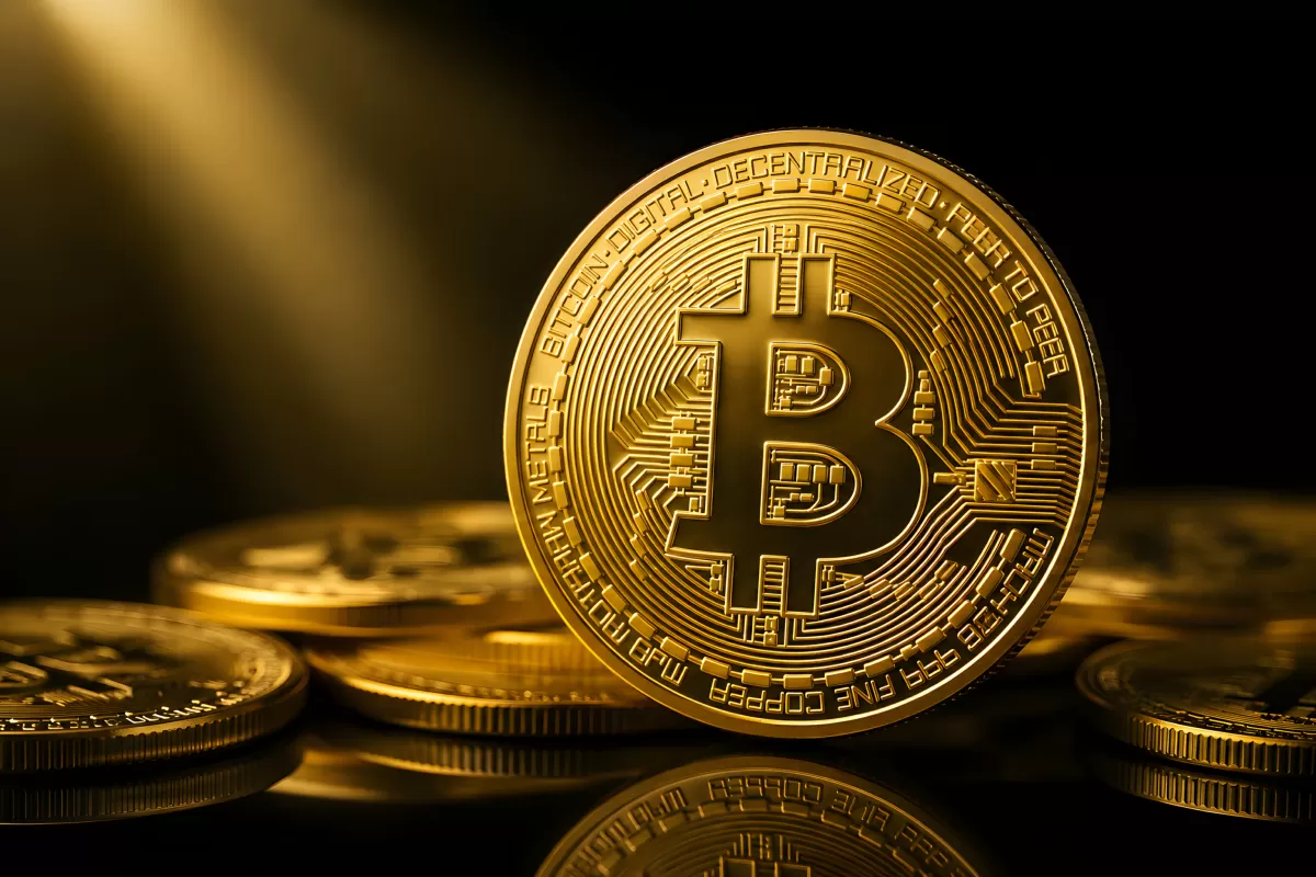 Goldene Bitcoin-Münze vor dunklem Hintergrund
