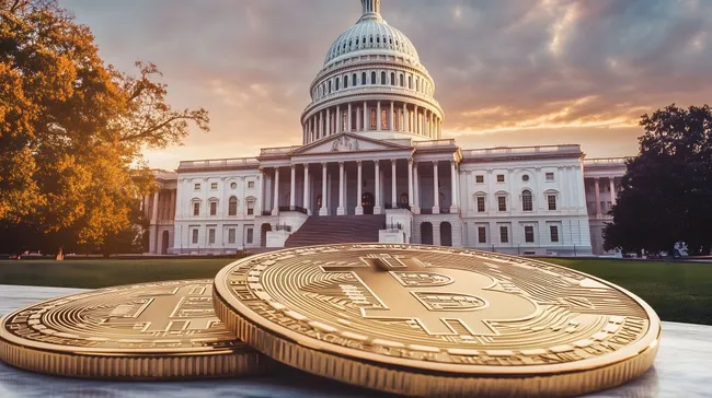 Goldene Bitcoin-Münzen vor US-Kapitol-Gebäude