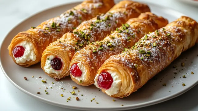 Goldene Blätterteig-Cannelloni mit Ricotta und Kirschen